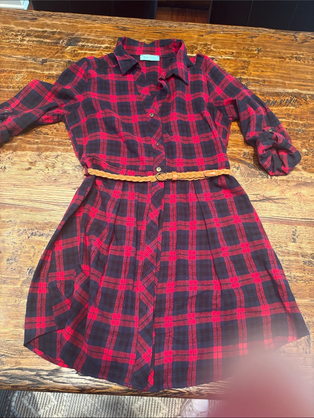 Women’s Red and Black Plaid Shirt Dress with Belt